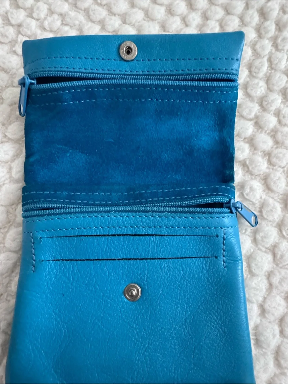 Blue Fold-Over Leather Clutch with Embossed Logo